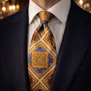 LANVIN Vintage Silk Rococo Print Gold Tone Multicolor Tie
